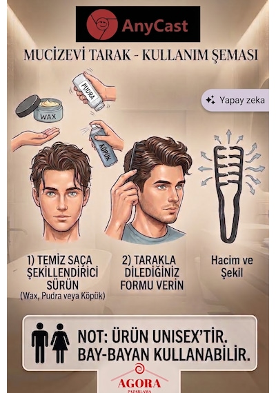 Anycast Unisex Geniş Dişli Hacim Veren Şekillendirici Mucize Saç Tarağı - French Crop Doku Ve Dalga Etkili Siyah