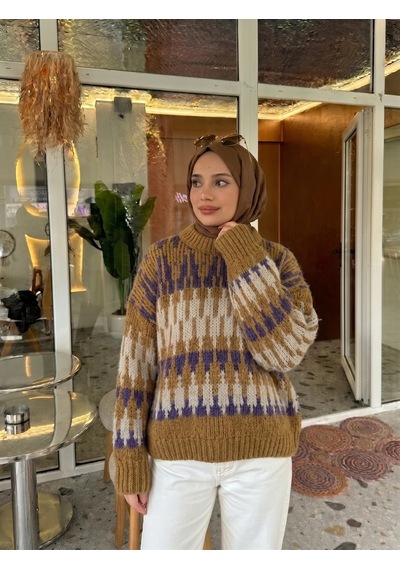 Trend Paris Kadın Etnik Desenli, Bisiklet Yaka, Salaş Triko Kazak - Standart Beden Camel