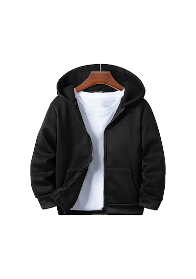 Ahengim Kız - Erkek Çocuk Basic Fermuarlı Kalın 3 İplik Kışlık Okul Sweat Ak1815 Siyah