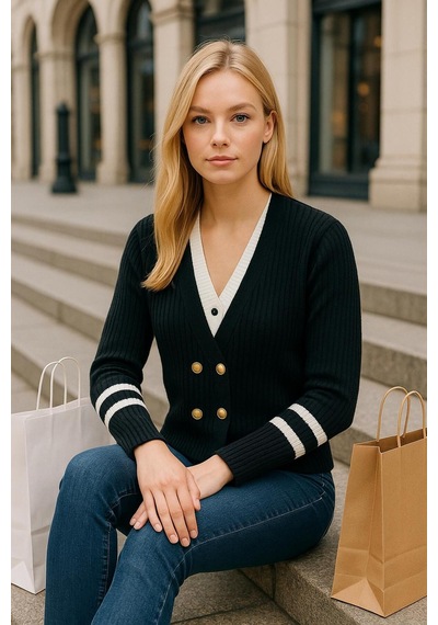 Hira Life Fashion Kadın Gold Düğmeli V Yaka Fitili Kolu Şerit Detaylı Kazak-hırka Siyah Siyah Hira Life Fashion Kadın Gold Düğmeli V Yaka Fitili Kolu Şerit Detaylı Kazak-hırka Siyah Siyah