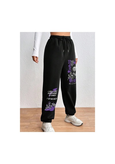 Tarzsokak Graphic Drawstring Waist 4 Mevsim Eşofman Siyah