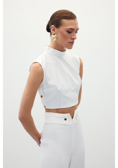 Sateen Çıt Çıt Detaylı Crop Bluz - Ekru-134919 Ekru