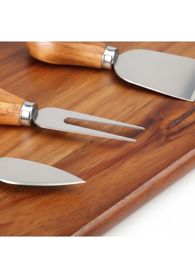 Haus 4 Parça Akasya Ahşap Peynir Sunum Seti Ve Bıçak Takımı - 29x18 Cm Şarküteri Ve İkramlık Tahtası - Paslanmaz Çelik Peynir Bıçakları Çok Renkli
