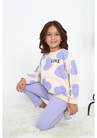 My Kids Wear Kalp Baskılı Kız Çocuk Alt Üst Takım Gri - Pudra