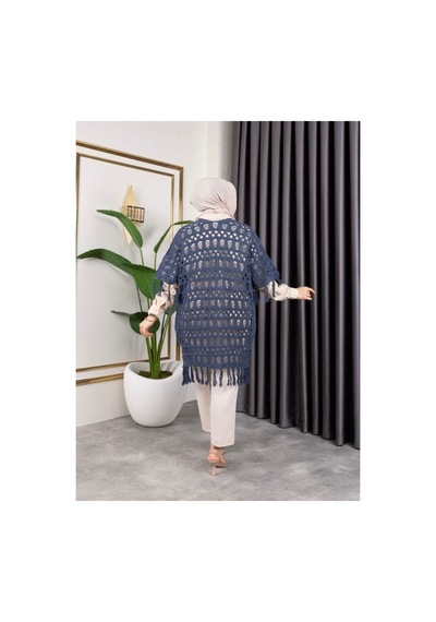 Hira Life Fashion Kadın Mevsimlik Saçaklı Ve Ajurlu Pamuk Triko Hırka Mavi Mavi