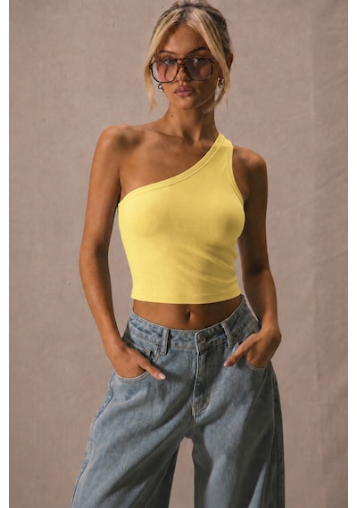 Tarz Cool Kadın Tek Omuz Crop Atlet Esnek Slim Fit Süprem Kumaş Asimetrik Yaka Bluz Sarı