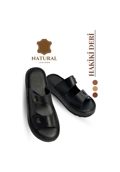 Sermoda Hakiki Deri Kadın Terlik - Yumuşak Kalın Tabanlı Hakiki Deri Çift Cırtlı Kadın Terlik Siyah