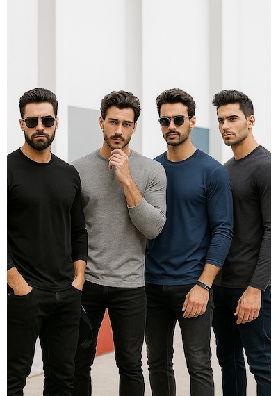 Rich Erkek Grimelanj-siyah-lacivert-antrasit 4'lü Paket Basic Uzun Kollu Body Gri-siyah-lacivert-antrasit