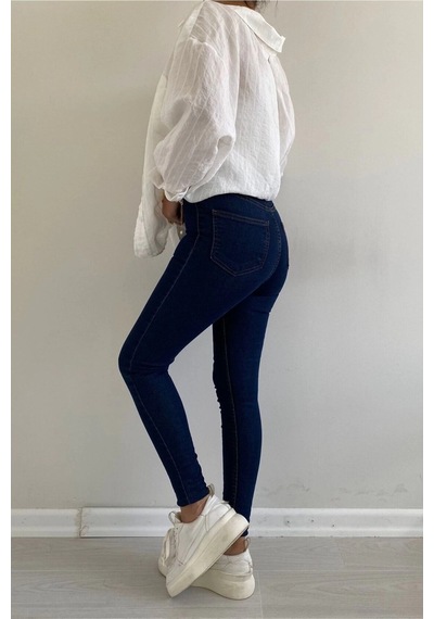 Dark Blue Yüksek Bel Skinny Fit Jean Likralı Önü Cepsiz Tayt Pantolon Dark Blue