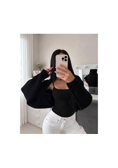 Flex Fashıon Kadın Sokak Modası Akrilik Crop Triko Hırka Siyah - 928384069 Siyah - 928384069 Siyah