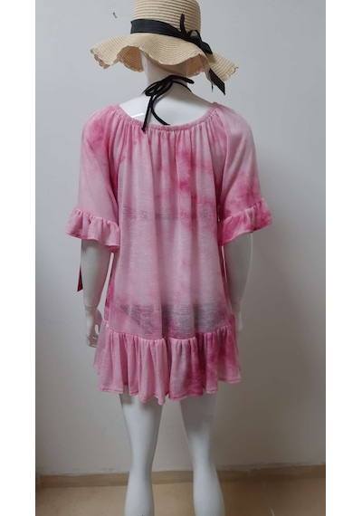 Mayomer Kadın Pembe Batik Desenli Mayo Üstü Elbise Plaj Elbisesi Pareo Pembe