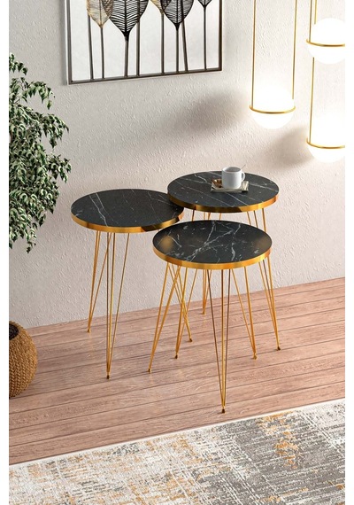 Bendir Gold Metal Ayaklı Gold Detaylı Zigon Sehpa