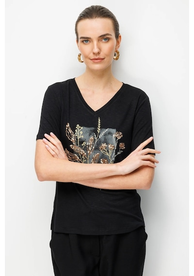 Desen Triko V Yaka Önü Pul Payet İşlemeli Penye Kadın T-shirt 26838 Siyah