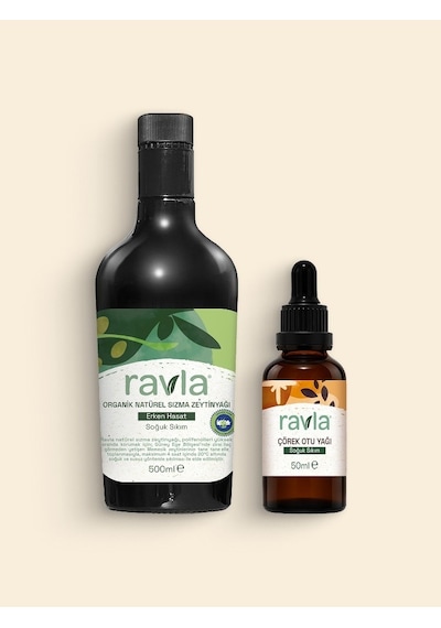 Ravla 2'li Ürün Ravla 500ml Premium Seri 500+ mg/kg Polifenollü Zeytinyağı / Ravla Çörek Otu Yağı - 50ml