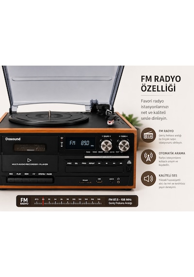 Dosound Tr-17s Ahşap Çok Fonksiyonlu Pikap Kaset Cd Usb Bluetooth Müzik Sistemi 1 Adet