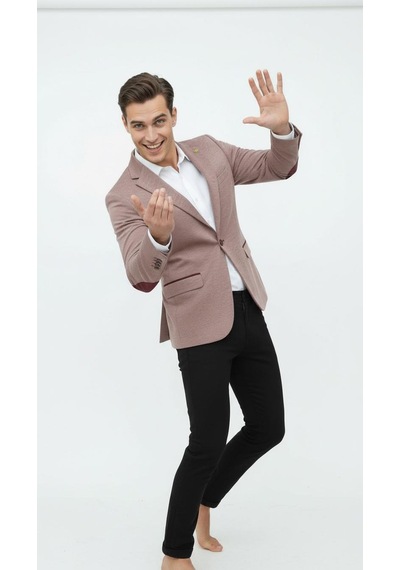 Plus Scorpion Açık Pembe Erkek İtalyan Kesim Blazer Ceket Kol Yamali, Slim Fit, Şık Ve Modern Tasarım Pembe