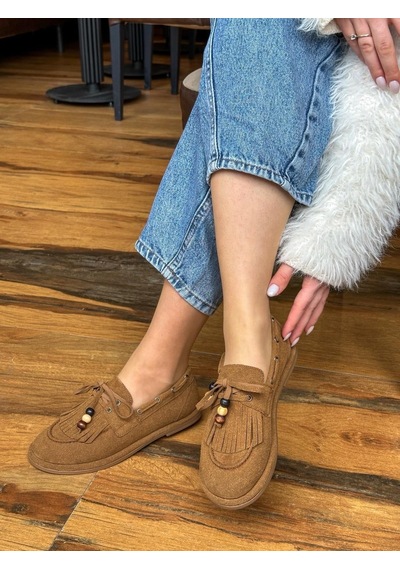 Erva'nın Butiği Taba Süet Shake Saraçlı Boncuk Detay Kadın Loafer-6013
