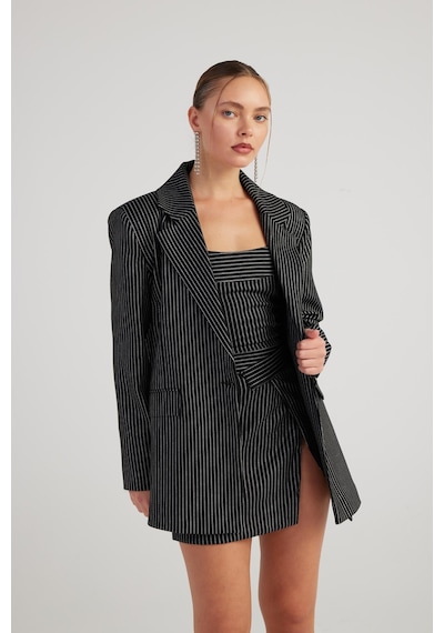 Holly Lolly Oversize Kesim Simli Çizgili Eden Blazer Ceket Siyah