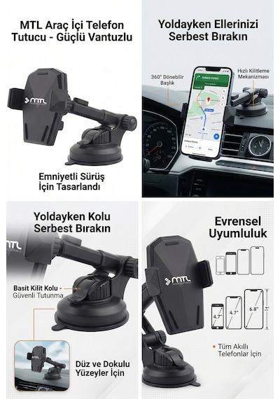 Otomatik Kilitli Teleskopik Kol Araç İçi Telefon Tutucu Dayanıklı Ve Güçlü Vantuz 360 Döner Mt6042 Siyah