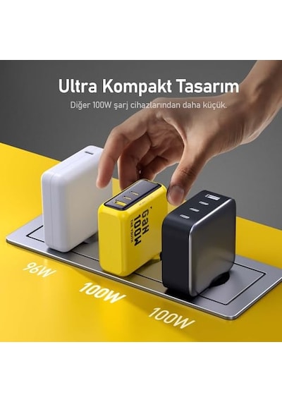3 Portlu Şarj Adaptörü 100w Şarj Cihazı Gan Hızlı Şarj Istasyonu Sarı