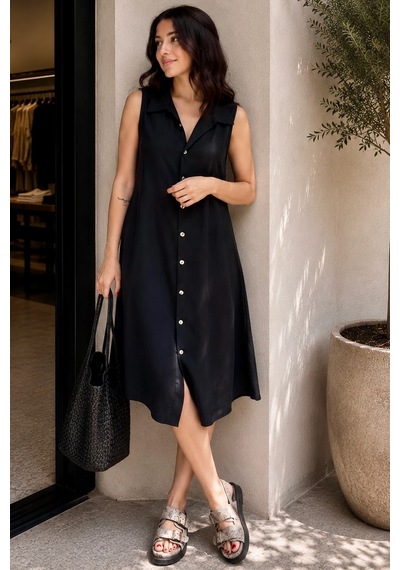 Bb Butik Basic Dokuma Kumaş Kolsuz Düğmeli Gömlek Elbise Cepli Midi Yazlık Elbise My3535 Siyah Bb Butik Basic Dokuma Kumaş Kolsuz Düğmeli Gömlek Elbise Cepli Midi Yazlık Elbise My3535 Siyah