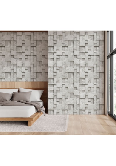 Kare Gri Taş Desen Duvar Kağıdı 16m2 - 6755-1 Çok Renkli