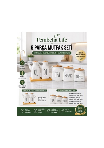 6 Parça Bambu Standlı Kare Porselen 1000ml Yağdanlık Ve 3 Lü Tea Sugar Coffe Kavanoz Seti Beyaz Beyaz