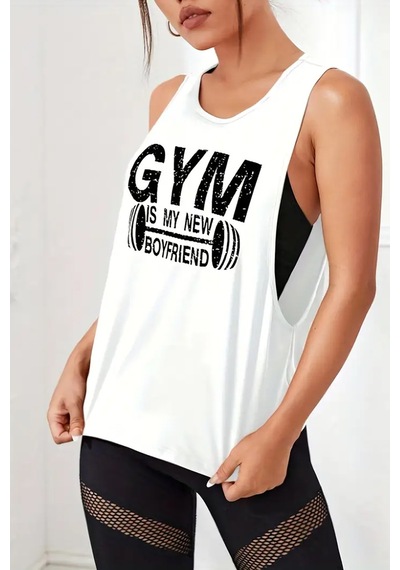Ghassy Co. Kadın Gym Baskılı Nefes Alabilen Fitness Yoga Koşu Kolsuz Spor Atlet beyaz