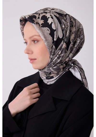 Belli Etnik Desen İpek Twill Eşarp - 2026 İlkbahar-yaz T 4304 Gri