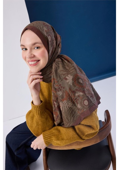 Silk Home Viskon Karışımlı Mayda Şal Haki-kiremit Desenli Tok Duruşlu 190x70 Çok Renkli
