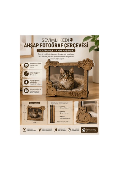 Arliadesign Kişiye Özel Kedi Fotoğraf Çerçevesi Ahşap Patili Çerçeve