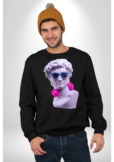 Kulaklık Gözlük Pop Art Heykel Unisex Siyah Sweatshirt Siyah