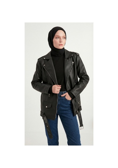 Meecy Kadın Oversize Biker Tesettür Deri Ceket Siyah Siyah