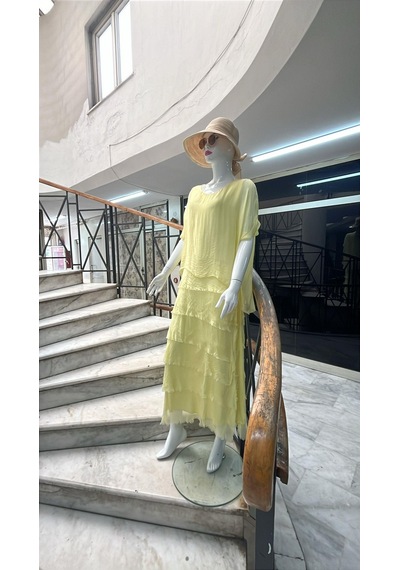 Bohem Stil İtalyan 2 Beden Ince Gösteren Yarım Kol Kat Kat Ipek Elbise-8794 Sarı