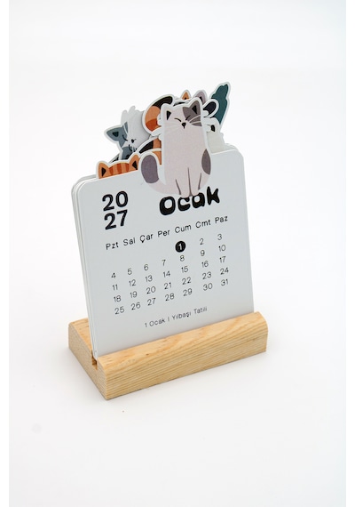 Ahşap Standlı Özel Kesim Kedi Tasarımlı 2027 Masaüstü Takvimi 8,5x12 Cm - Sevimli Yeni Yıl Hediyesi Çok Renkli