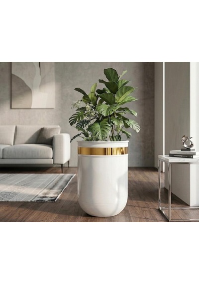 Dekoratif Glossia 45 Cm Beyaz Gold Darbuka Saksı