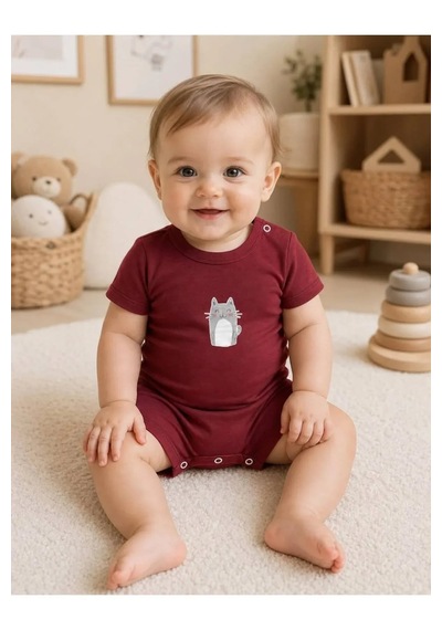 Ferasty İstanbul Unisex Bebek Tulum Kedi Desenli Kırmızı