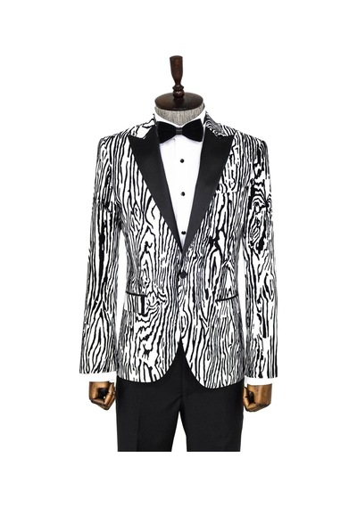 Wessi Slim Fit Zebra Desen Erkek Smokin Ceket - Beyaz