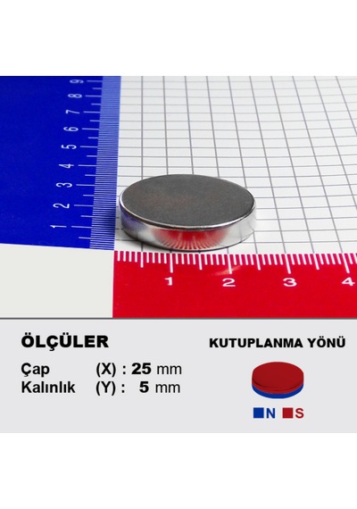 1 Adet Neodyum Mıknatıs Çap: 25mm Kalınlık: 5mm D25x5 Ndfeb Güçlü Mıknatıs Yuvarlak N087