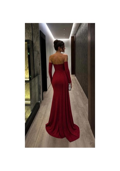 Euro Class Kadın Şık Straplez Balık Kesim Abiye Elbise Kırmızı