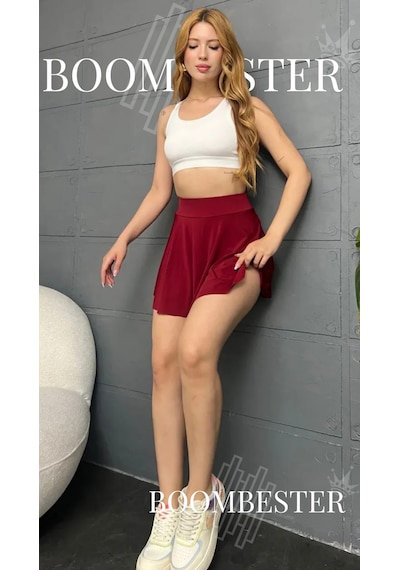 Boombester Kadın Yüksek Bel Piliseli Mini Etek Şortlu Sandy Kumaş Yazlık Rahat Kalıp Günlük & Spor Bordo