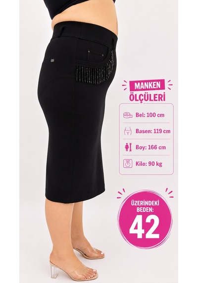 Büyük Beden Örme Taşlı Kalem Etek Siyah