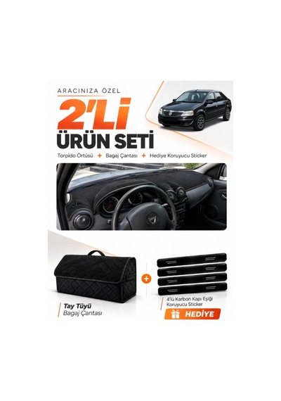 Dacia Logan 2009-2012 Uyumlu Torpido Örtüsü + Tay Tüyü Bagaj Çantası + Sticker Seti - Siyah