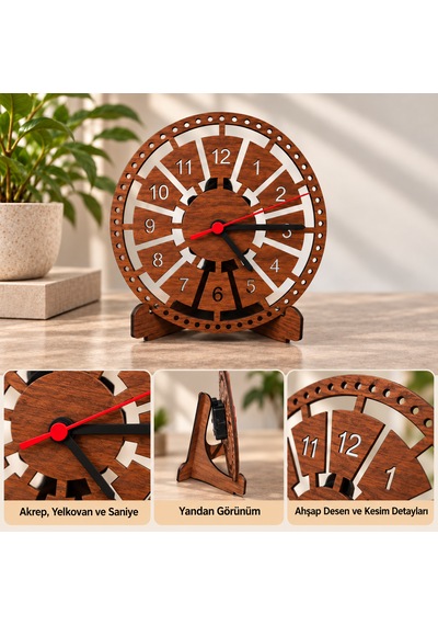 Ezolife Dekoratif Ahşap Three Wood Effects Masa Saati Ayaklı Masaüstü Saat Sessiz Mekanizma Kahverengi