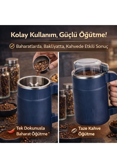 Coofbe Paslanmaz Çelik 8 Bıçaklı 500ml Baharat Ve Kahve Öğütücü Kahve Değirmeni Bakliyat Öğütücü Mavi