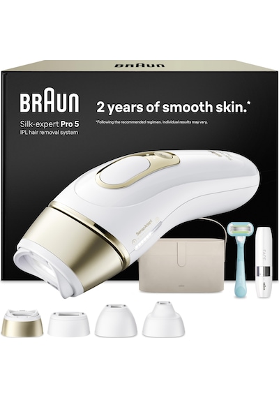 Braun Akıllı Ipl Epilasyon Cihazları Silk Expert Pro 5 - Evde Kalıcı Lazer Epilasyon, Almanya'da Tasarlandı - Dahil. Çanta, Mini Tıraş Makinesi, Venus Tıraş Makinesi, 4 Aparat - Pl5442, Beyaz/altın