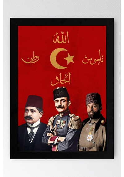 İttihat Terakki Paşaları Çerçeveli Tablo - Enver Cemal Talat Paşalar - İttihat Terakki Sancağı