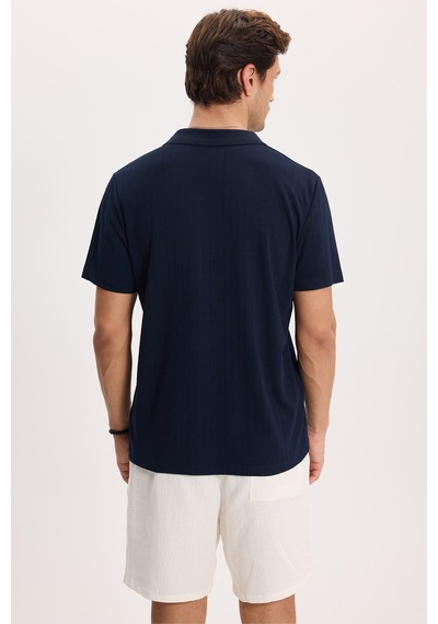 Tudors Erkek Slim Fit Dar Kesim Pamuklu Kısa Kollu Çizgili Lacivert Polo V Yaka Tişört-51125