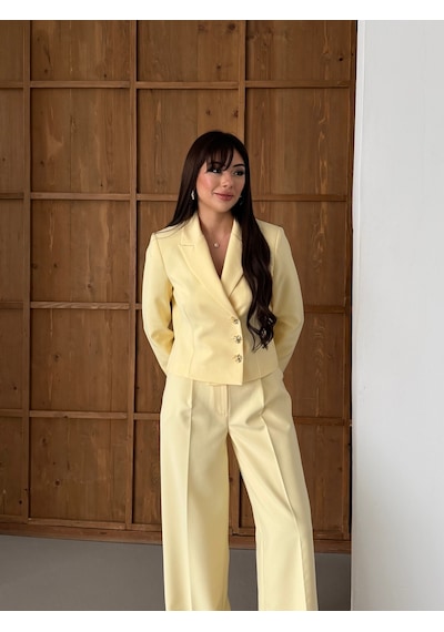 Lovelf Gold Düğmeli Kısa Ceketli Bol Paça Takım Limon