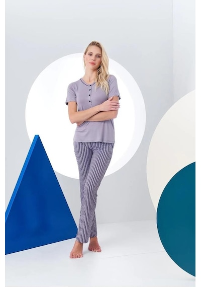 Pjs 24157 Kadın Çizgili Patlı Kısa Kol Pijama Takım 001